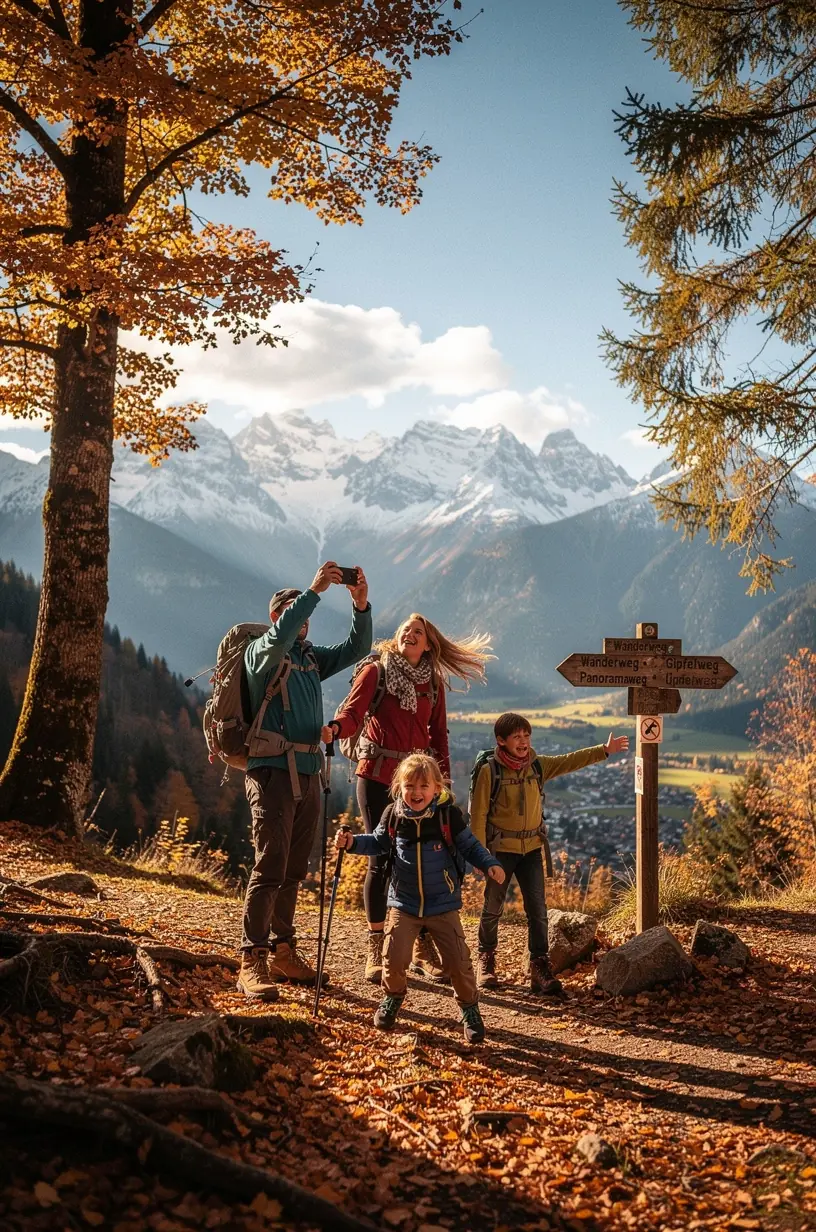 Familie beim Wandern auf einem gut ausgeschilderten Wanderweg in den bayerischen Alpen.