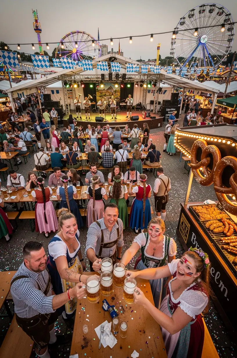 Nachtaufnahme eines beleuchteten historischen Rathauses mit Menschen auf dem Marktplatz.